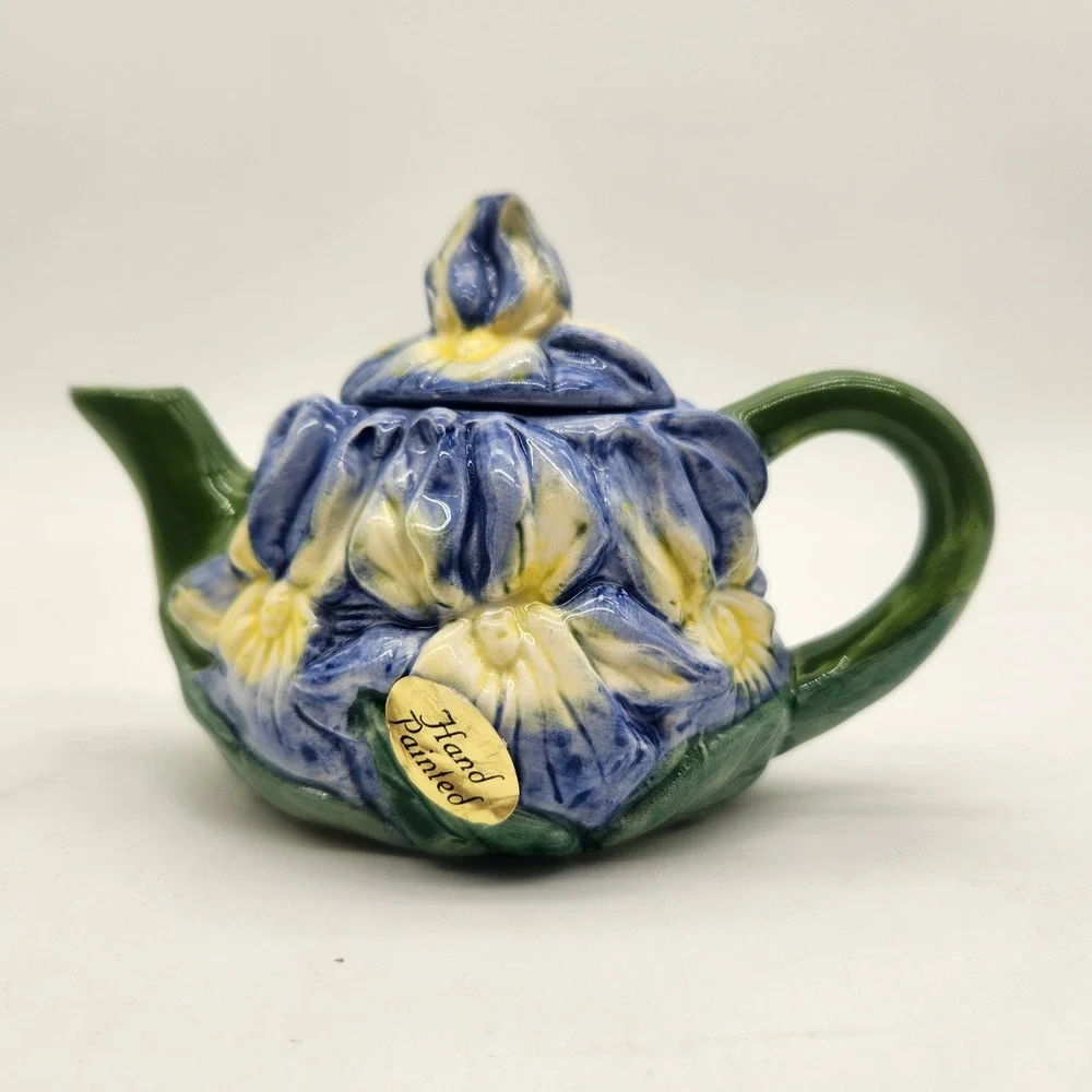 Papel Freelance Blue Yellow Iris Flower Miniature Teapot Hand Painted‎ Ceramic